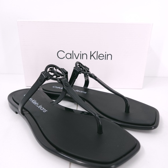 Calvin Klein Shoes - Calvin Klein Edhen Black Flat T Strap Thong Logo Sandals Womens Size 6 M